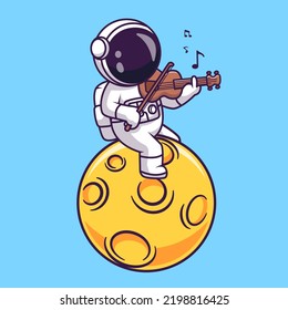 Cute Astronaut Playing Biola On Moon Cartoon Vector Icon Illustration Science Music Icon Concept Isolated Premium Vector. Flat Cartoon Style