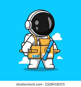 Cute Astronaut Playing Box Plane Toy Cartoon Vector Icon Illustration. Science Holiday Icon Concept Isolated Premium Vector. Flat Cartoon Style