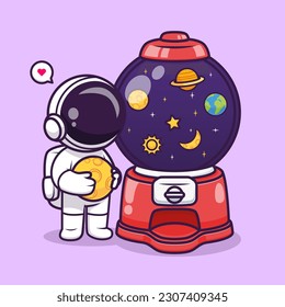 Ilustración del icono del vector de dibujos animados de la máquina de candy de astronauta. Vector Premium Aislado De Icono De Festividad Científica. Estilo de dibujo plano