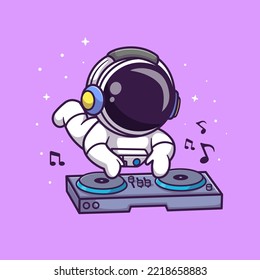 Cute Astronaut Playing Dj Electronic Music With Headphone In Space Cartoon Vector Icon Illustration. Science Music Icon Concept Isolated Premium Vector. Flat Cartoon Style