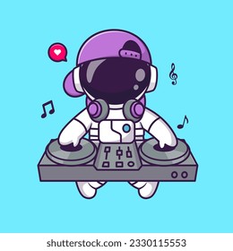 Cute Astronaut Playing Dj Electronic Music Cartoon Vector Icon Illustration. Science Music Icon Concept Isolated Premium Vector. Flat Cartoon Style