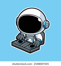 Astronauta bonito tocando música eletrônica de DJ com ilustração de desenhos animados de fone de ouvido