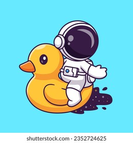 Cute Astronaut spielen mit Duck Ballon in Space Pool Cartoon Vektorsymbol Illustration. Science Holiday Icon Konzept isolierter Premium-Vektorgrafik. Flachbildkartonstil