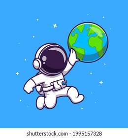 Cute Astronaut Playing Earth Ball Cartoon Vector Icon Illustration. Science Technology Icon Concept Isolated Premium Vector. Flat Cartoon Style