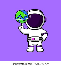 Cute Astronaut Playing Earth Ball Cartoon Vector Icon Illustration. Flat Cartoon Concept