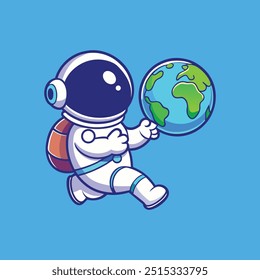 Cute Astronaut Playing Earth Ball Cartoon Vector Icon Illustration. Isolated Flat Cartoon Style