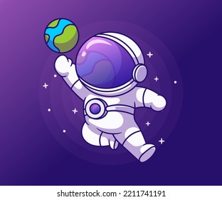 Cute Astronaut Playing earth Cartoon Vector Icon Illustration.