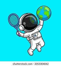 Cute Astronaut Playing Earth Globe Tennis Cartoon Vektorsymbol Illustration. Sportwissenschaftliche Icon Konzept isolierter Premium-Vektorgrafik. Flachbildkartonstil