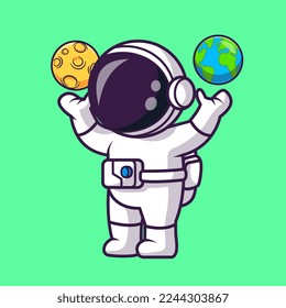 Cute Astronaut Playing Earth and Moon Ball Cartoon Vector Icon Illustration. Science Sport Icon Concept Isolated Premium Vector. Flat Cartoon Style