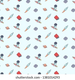 Cute astronaut playing, education, learning, seamless pattern, back to school