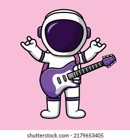Cute Astronaut Playing Electric Guitar Cartoon Vector Icon Illustration. Science Music Flat Cartoon Concept