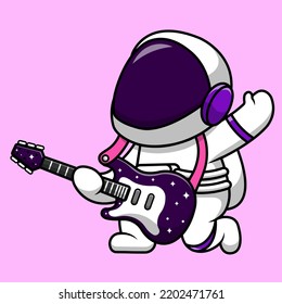 Astronauta Cute Tocando Ilustración De Icono Vector De Guitarra Eléctrica. Concepto de caricatura plana