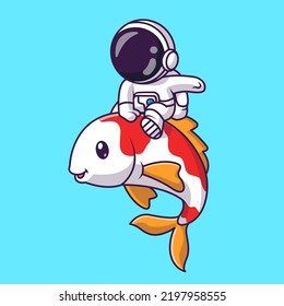 Cute Astronaut Playing With Fish Cartoon Vector Icon Illustration Science Animal Icon Concept Isolated Premium Vector. Flat Cartoon Style