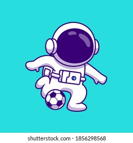 Cute Astronaut Playing Football Soccer Cartoon Vector Icon Illustration. Science Sport Icon Concept Isolated Premium Vector. Flat Cartoon Style