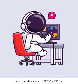 Cute Astronaut Playing Game On Computer Cartoon Vector Icon Illustration. Science Technology Icon Concept Isolated Premium Vector. Flat Cartoon Style