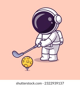 Cute Astronaut Playing Golf Moon Cartoon Vector Icon Illustration. Science Sport Icon Concept Isolated Premium Vector. Flat Cartoon Style