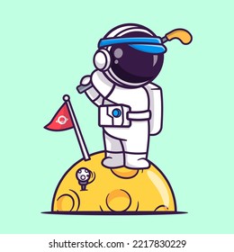 Cute Astronaut Playing Golf On Moon Cartoon Vector Icon Illustration. Science Sport Icon Concept Isolated Premium Vector. Flat Cartoon Style