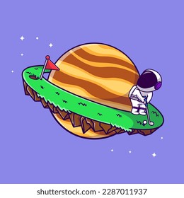 Astronauta Astronauta Cuidada Jugando Golf En Iconos Vectores De Dibujo Planeta Ilustración. Concepto de caricatura plana. Adecuado para cualquier proyecto creativo.