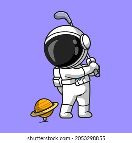 Cute Astronaut Playing Golf Planet Cartoon Vector Icon Illustration. Sport Science Icon Concept Isolated Premium Vector. Flat Cartoon Style 