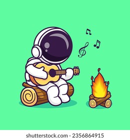 Cute Astronaut Playing Guitar With Bonfire Cartoon Vector IconIllustration. Science Holiday Icon Concept Isolated Premium Vector. Flat Cartoon Style