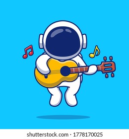 Cute Astronaut Playing Guitar Cartoon Vector Icon Illustration. People Science Music Icon Concept Isolated Premium Vector. Flat Cartoon Style