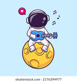 Cute Astronaut Playing Guitar Music On Moon Cartoon Vector Icon Illustration. Science Music Icon Concept Isolated Premium Vector. Flat Cartoon Style