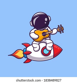 Cute Astronaut Playing Guitar On Rocket Cartoon Vector Icon Illustration. Science Music Icon Concept Isolated Premium Vector. Flat Cartoon Style