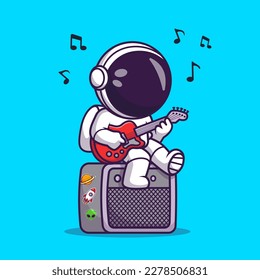 Cute Astronaut Playing Guitar On Sound System Speaker Cartoon Vector Icon Illustration. People Music Icon Concept Isolated Premium Vector. Flat Cartoon Style