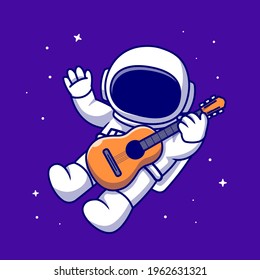 Cute Astronaut Playing Guitar In Space Cartoon Vector Icon Illustration. Science Music Icon Concept Isolated Premium Vector. Flat Cartoon Style