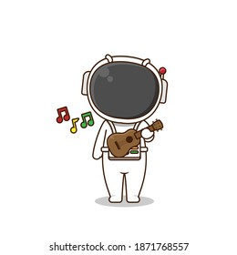 Cute astronaut playing guitar. Vector illustration of chibi character isolated on white background.
