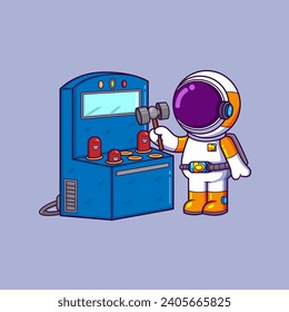 Cute Astronaut playing hammer whacking arcade game machine. Science sport Icon Concept of illustration