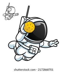 Cute Astronaut Playing Handball with Moon Ball with Black and White Line Art Drawing, Science Outer Space, Vector Character Illustration, Outline Cartoon Mascot Logo in Isolated White Background