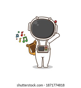 Cute astronaut playing harp. Vector illustration of chibi character isolated on white background.