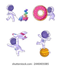 Cute astronaut playing with his toys, cartoon style set