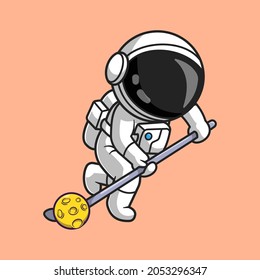 Cute Astronaut Playing Hockey Moon Cartoon Vector Icon Illustration. Sport Science Icon Concept Isolated Premium Vector. Flat Cartoon Style