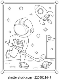 Cute astronaut playing hockey planet in space suitable for children's coloring page vector illustration