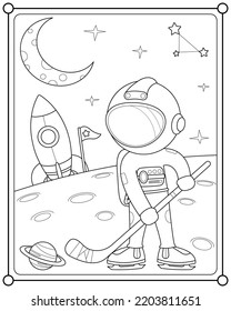 Cute astronaut playing hockey planet in space suitable for children's coloring page vector illustration