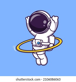 Cute Astronaut Playing Hula Hoop Cartoon Vector Icon Illustration. Science Sport Icon Concept Isolated Premium Vector. Flat Cartoon Style