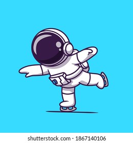 Astronauta Cuta Jugando Ice Skating Cartoon Vector Ilustración Icono. Concepto de icono deportivo de ciencia Vector Premium aislado. Estilo de dibujo plano