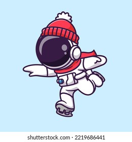 Cute Astronaut Playing Ice Skating Cartoon Vector Icon Illustration. Science Sport Icon Concept Isolated Premium Vector. Flat Cartoon Style