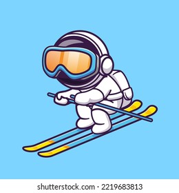 Cute Astronaut Playing Ice Ski Cartoon Vector Icon Illustration. Science Sport Icon Concept Isolated Premium Vector. Flat Cartoon Style