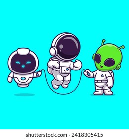 Cute Astronaut Playing Jump Rope With Alien And Robot
Cartoon Vector Icon Illustration. Science Sports Icon Concept
Isolated Premium Vector. Flat Cartoon Style