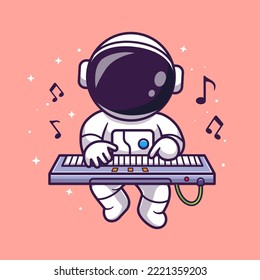 Cute Astronaut Playing Keyboard Music Piano In Space Cartoon Vector Icon Illustration. Science Music Icon Concept Isolated Premium Vector. Flat Cartoon Style