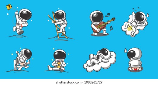 astronauta lindo jugando a la cometa, defecando en el baño, bebiendo leche tocando la guitarra, defecando en la luna, tumbado en las nubes, durmiendo y humedeciendo la cama - set concepto de ilustración vectorial 