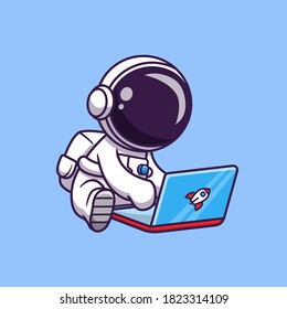 Cute Astronaut Playing Laptop Cartoon Vector Icon Illustration. Science Technology Icon Concept Isolated Premium Vector. Flat Cartoon Style