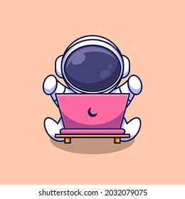 Cute astronaut playing laptop cartoon