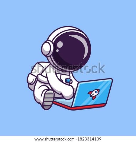 Cute Astronaut Playing Laptop Cartoon Vector Icon Illustration. Science Technology Icon Concept Isolated Premium Vector. Flat Cartoon Style