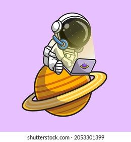 Cute Astronaut spielen Laptop auf Planet Cartoon Vektorsymbol Illustration. Science Technology Icon Konzept isolierter Premium-Vektorgrafik. Flachbildkartonstil