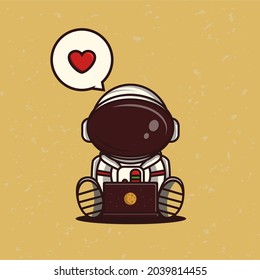 Cute astronaut playing laptop with yellow background. 