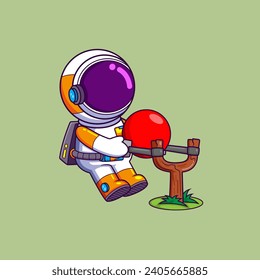 Cute Astronaut playing a large slingshot. Science Technology Icon Concept of illustration